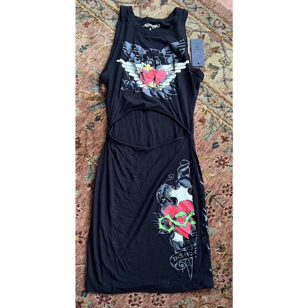 Ed Hardy HEART WINGS CUT OUT RIB TANK DRESS Black S Tattoo Core Y2K Streetwear
